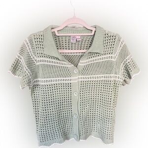 Love by Design Crochet Knit Polo Short Sleeve Button Up Sweater Green Cropped L